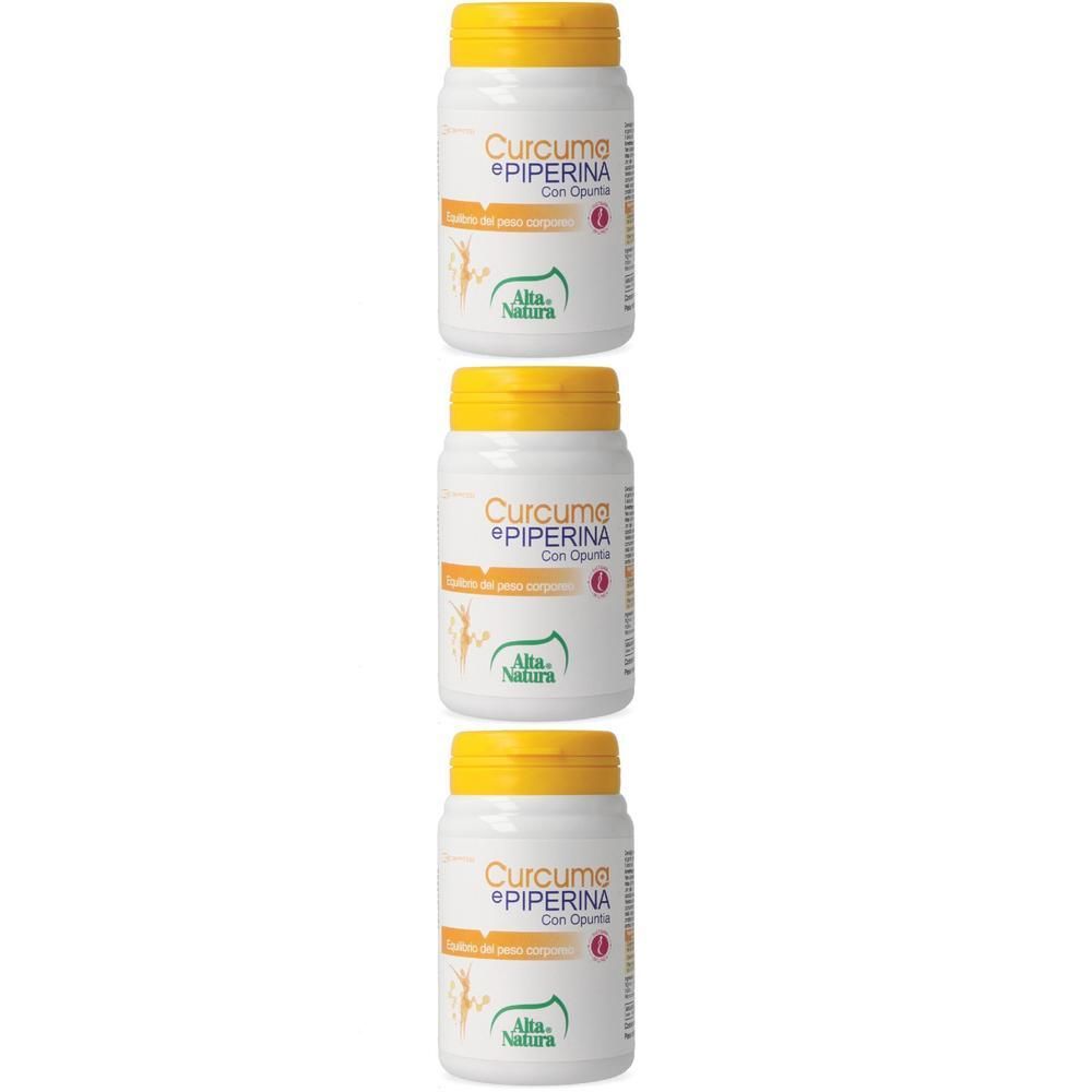 Tre contenitori di Curcuma e Piperina con Opuntia di Alta Natura.