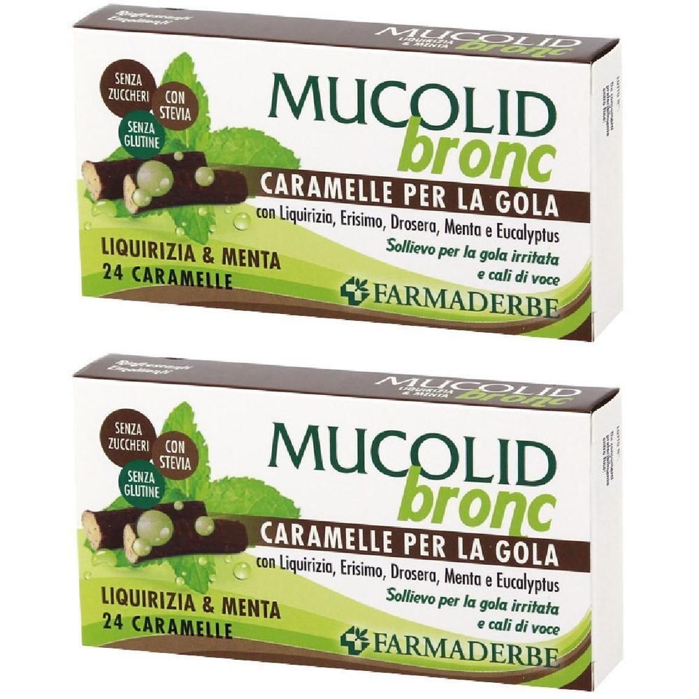 Due confezioni di caramelle Mucolid Bronc Liquirizia & Menta, 24 caramelle. Senza zuccheri, senza glutine, dolcificate con stevia.