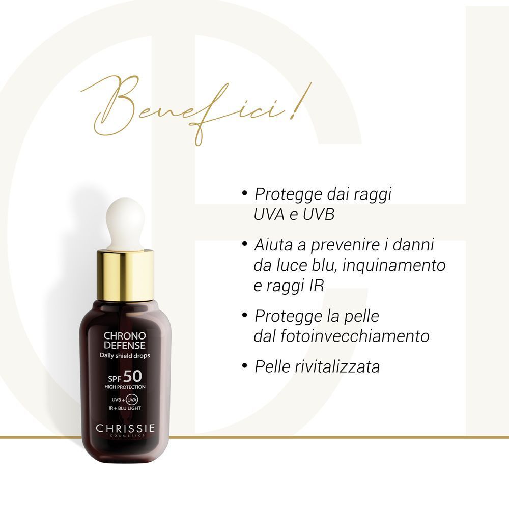 Chrissie Chrono Defense Daily Shield Drops SPF 50: Protegge da UVA/UVB, luce blu e IR.