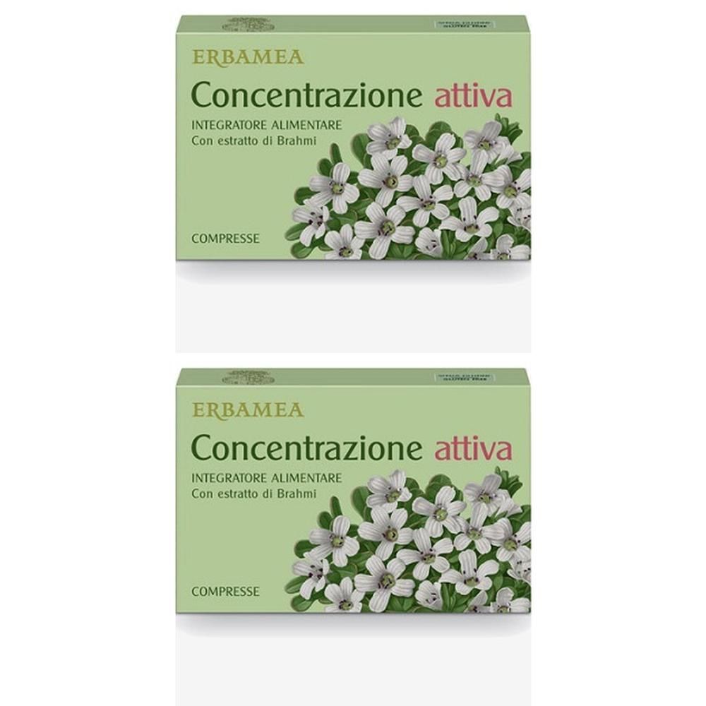 Due confezioni di Erbamea Concentrazione Attiva Compresse con illustrazione di fiori bianchi.