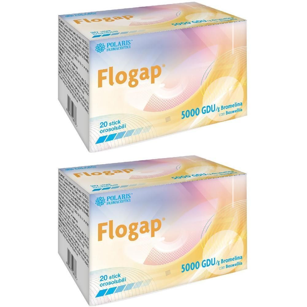 Due confezioni di Flogap 5000 GDU Bromelina con Boswellia, 20 stick per confezione.