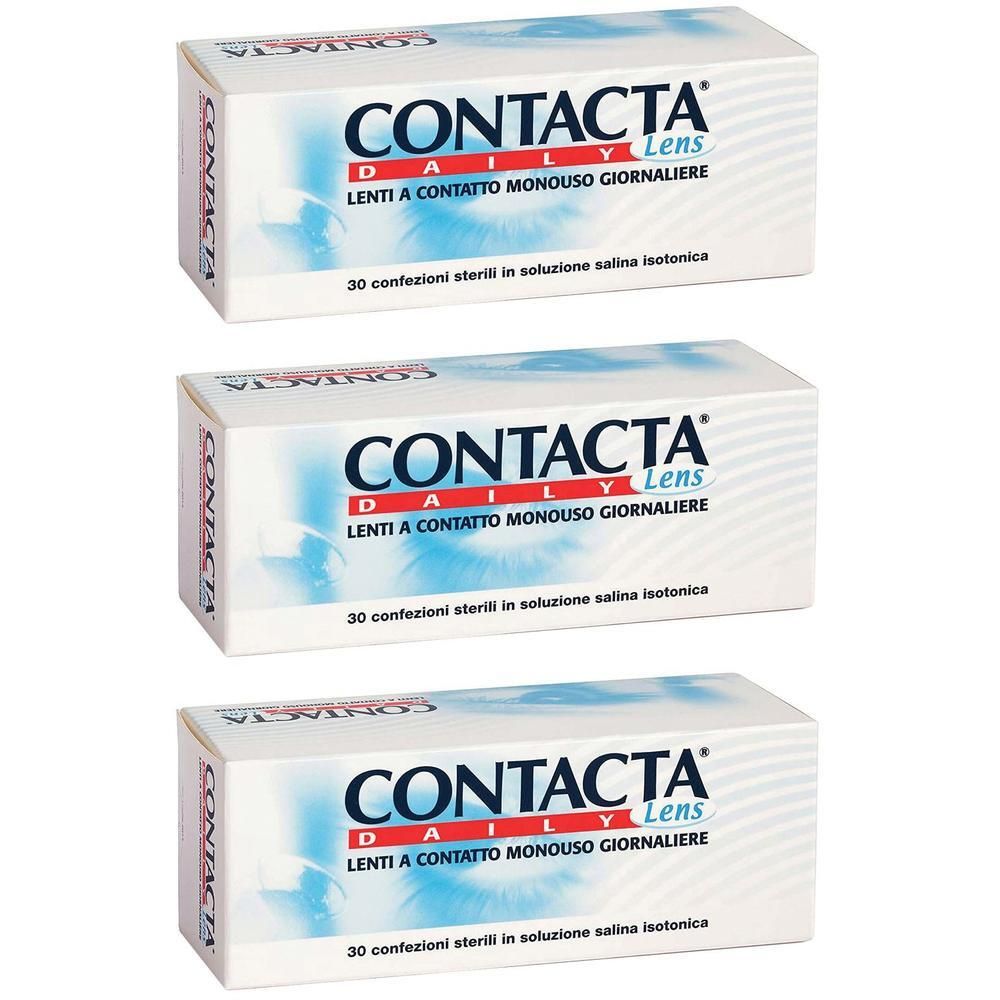 Tre confezioni di lenti a contatto giornaliere monouso Contacta Daily Lens, ciascuna con 30 lenti sterili in soluzione salina isotonica.