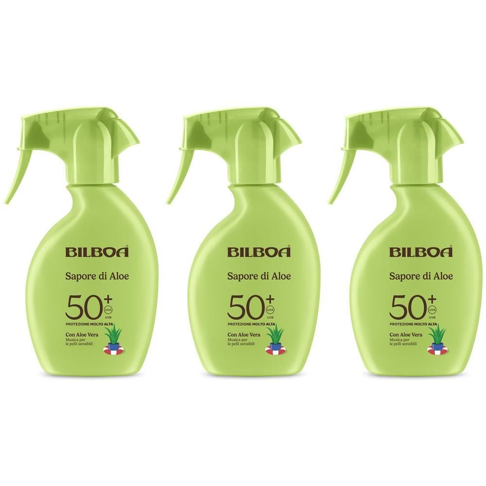 Tre flaconi spray verdi Bilboa Sapore di Aloe SPF 50+ con Aloe Vera.