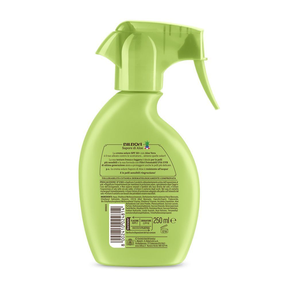 Retro di un flacone spray verde Bilboa Sapore di Aloe SPF 50+ con Aloe Vera, 250 ml.