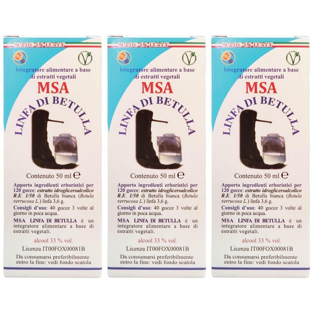 Tre scatole di MSA Linfa di Betulla Gocce, 50 ml. Contiene estratti vegetali.