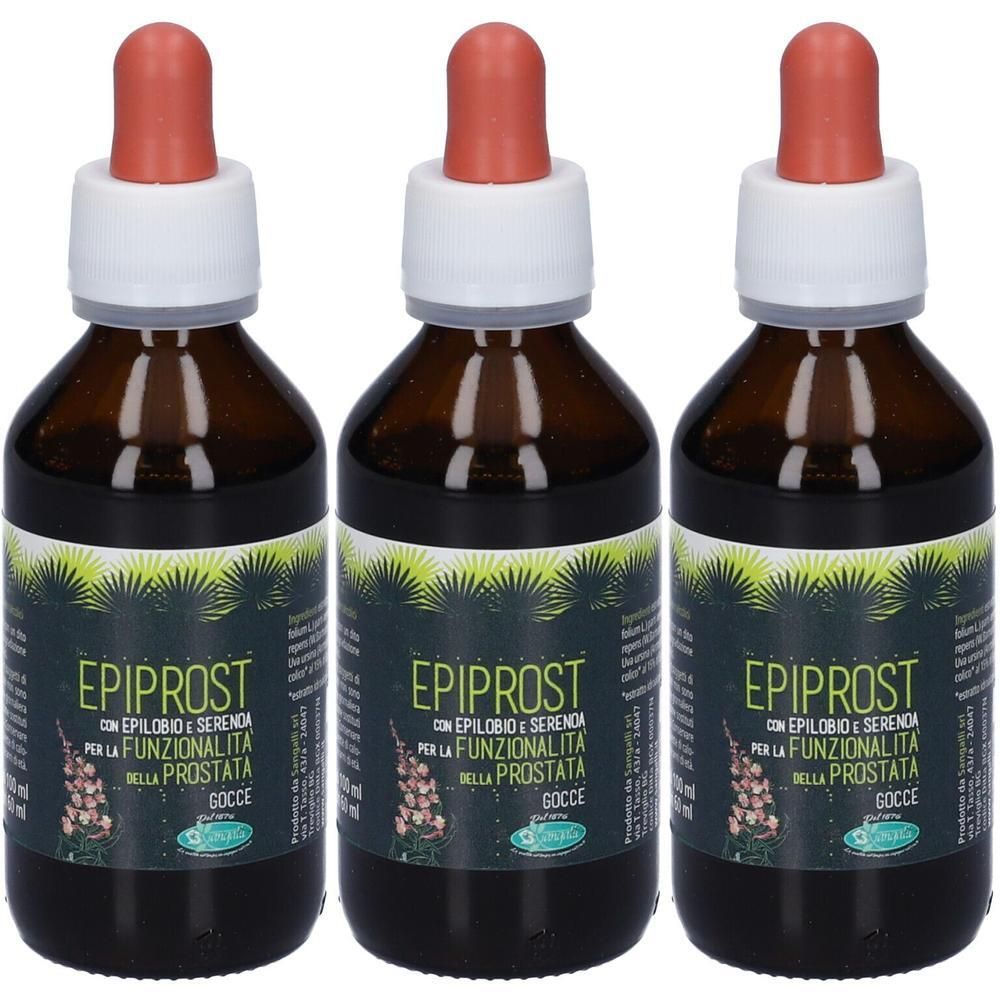 Tre flaconi in vetro ambrato con contagocce e etichetta 'EPIPROST'.
