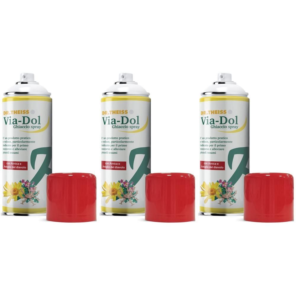 Tre bombolette spray con tappi rossi, etichettate 'Via-Dol Ghiaccio Spray'.