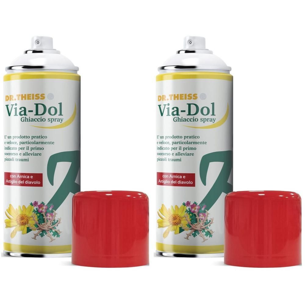 Due spray Via-Dol Ghiaccio con tappi rossi. Le lattine presentano fiori e la scritta 'Via-Dol Ghiaccio spray'.