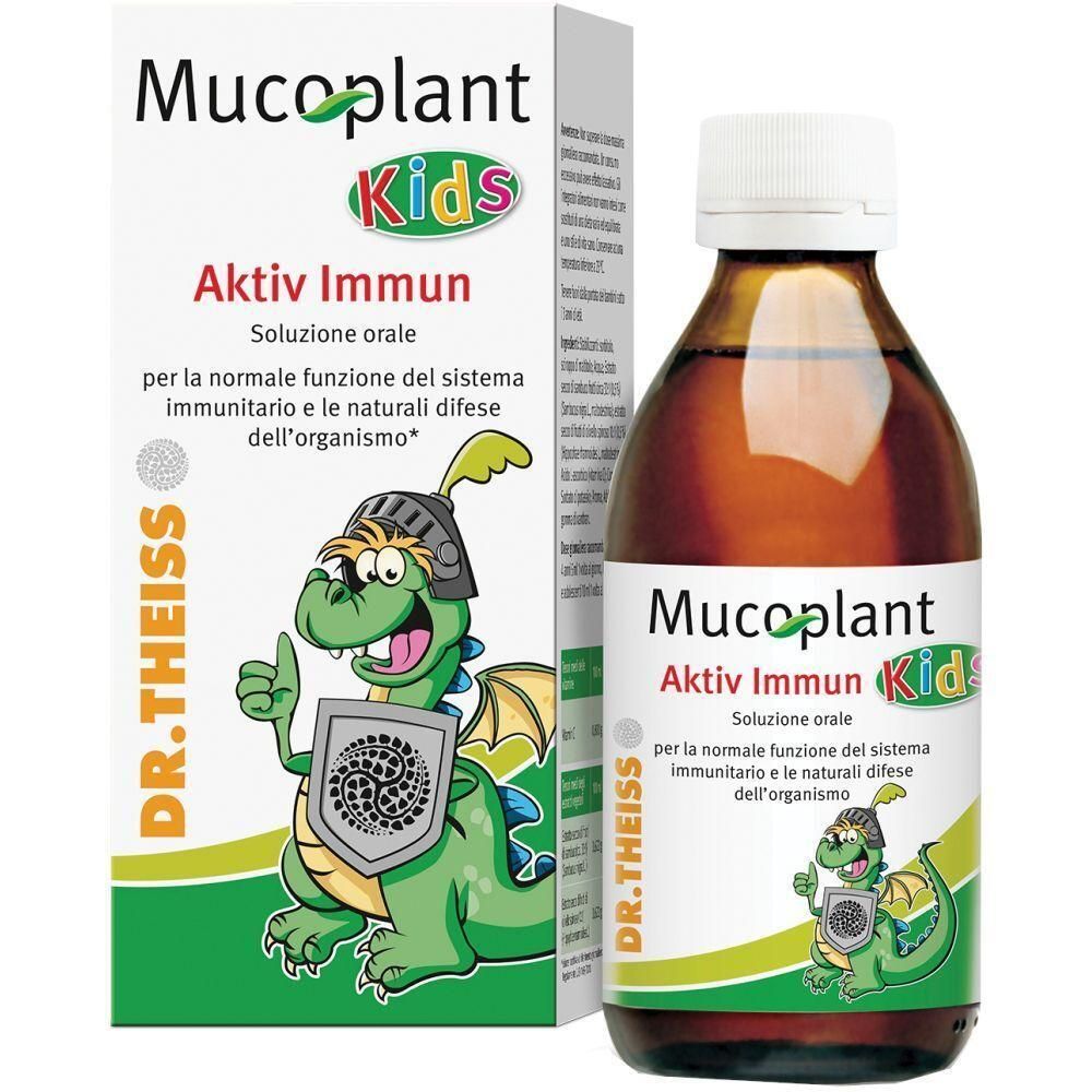Sciroppo Dr. Theiss Mucoplant Kids Aktiv Immun con un drago. Flacone in vetro marrone con tappo bianco.