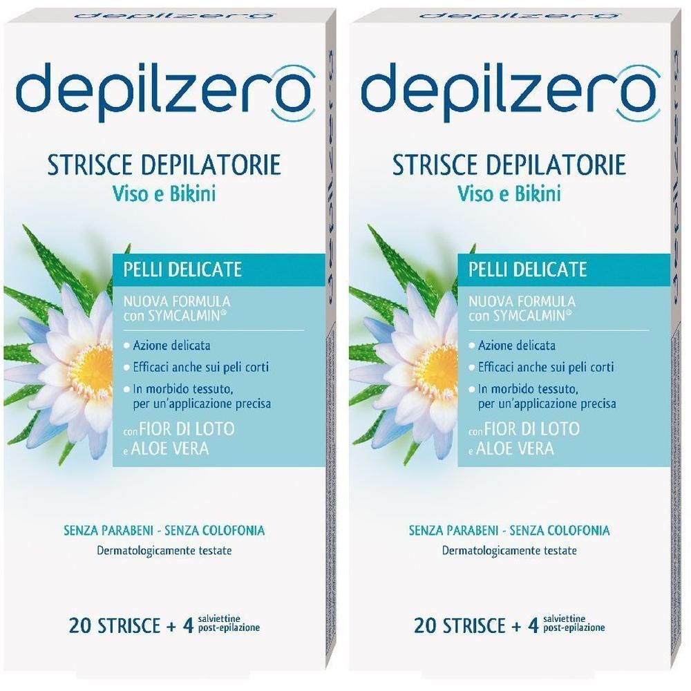 Due confezioni di strisce depilatorie Depilzero Viso e Bikini, 20 strisce + 4 salviettine.