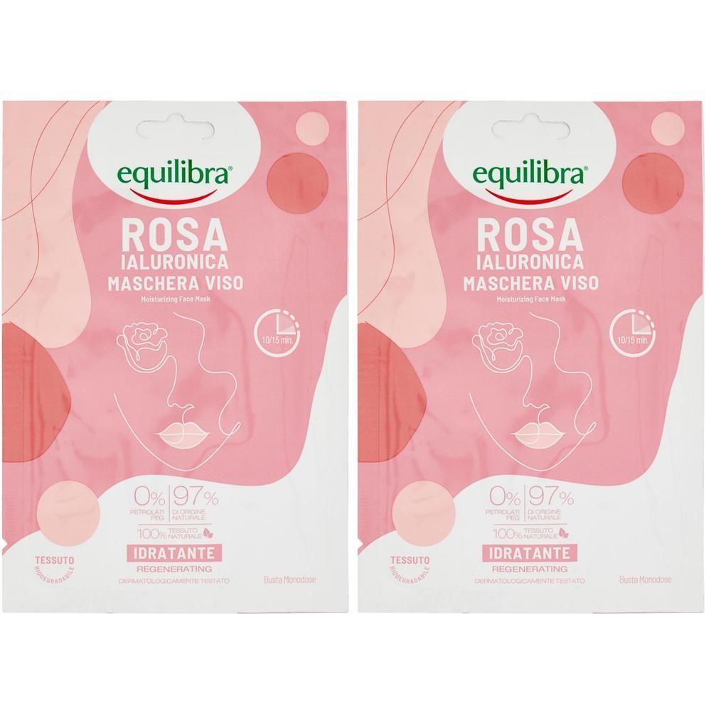 Due maschere viso Equilibra Rosa Ialuronica. Confezione rosa con motivo di viso e rosa.