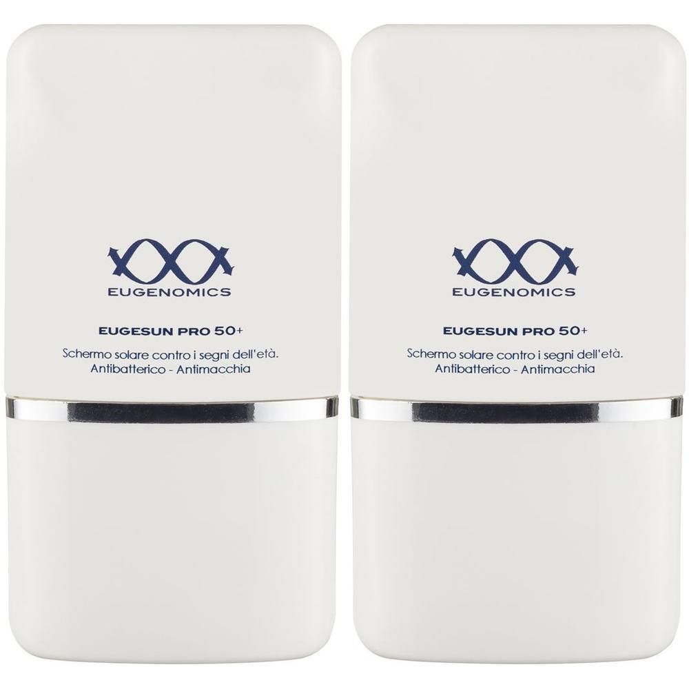 Due flaconi bianchi con Eugenomics Eugesun Pro 50+ crema solare.