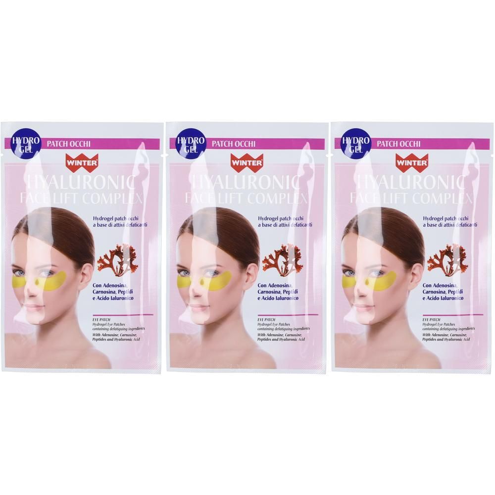 Tre confezioni di patch occhi idrogel con complesso di acido ialuronico.