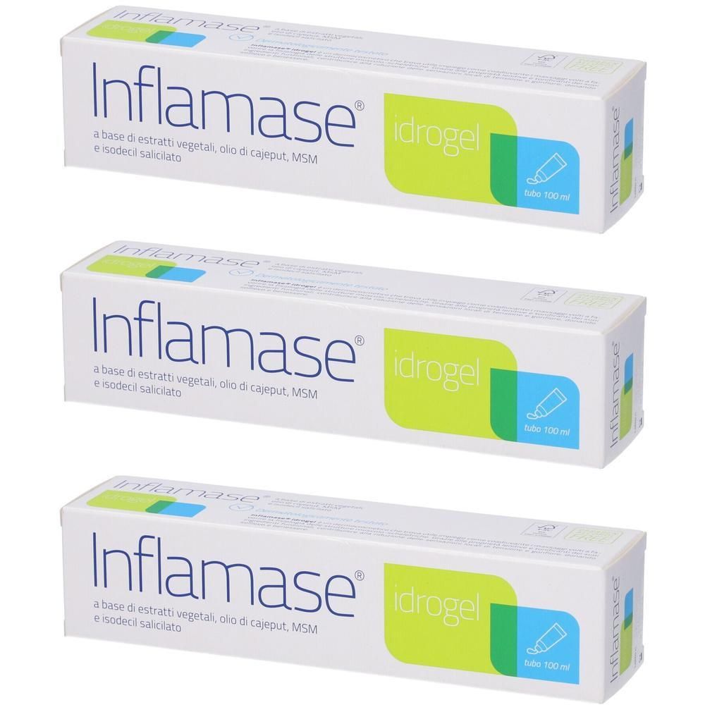 Tre confezioni di Inflamase Idrogel con estratti vegetali, olio di cajeput e salicilato.