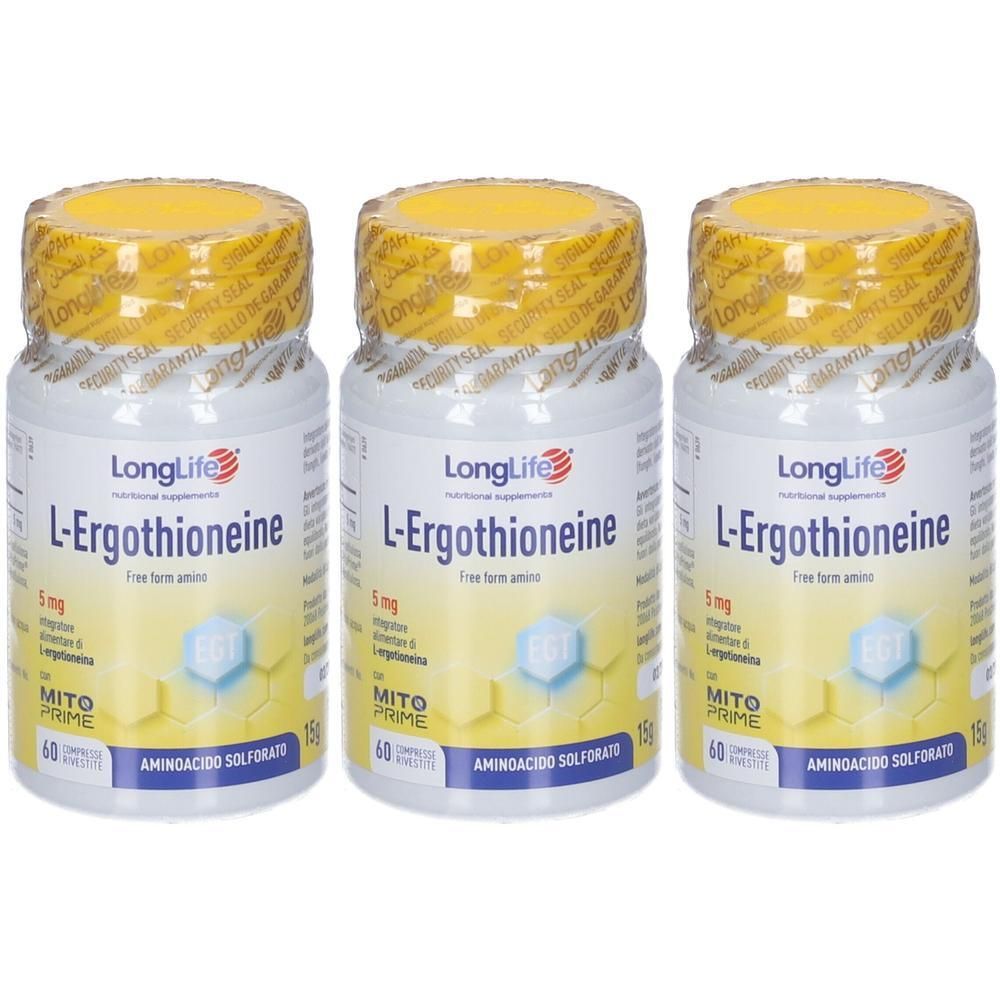 Tre flaconi di LongLife L-Ergothioneine, 60 compresse per flacone.
