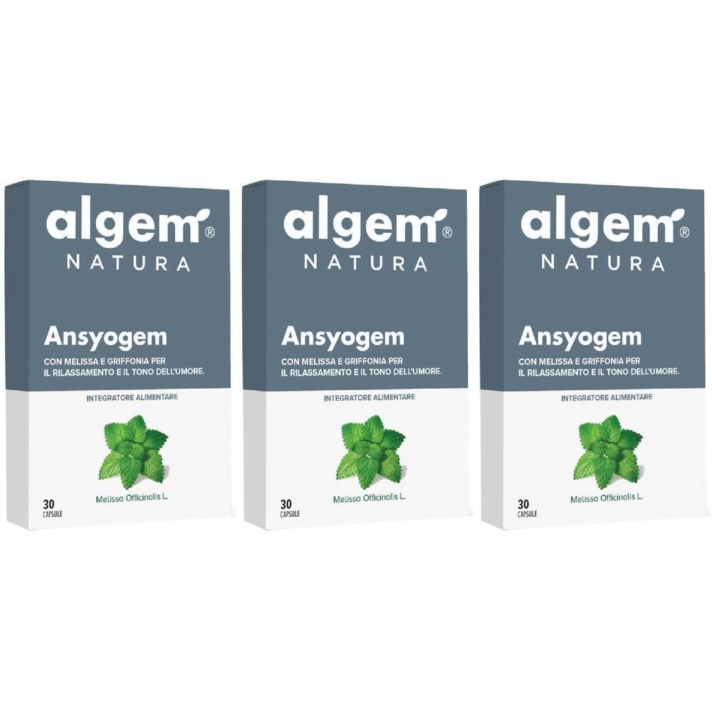 Tre confezioni di Algem Natura Ansyogem con illustrazione di menta e 30 capsule per confezione.