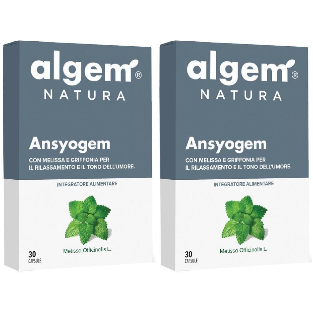 Due confezioni di capsule Algem Natura Ansyogem con melissa e griffonia. 30 capsule per confezione.