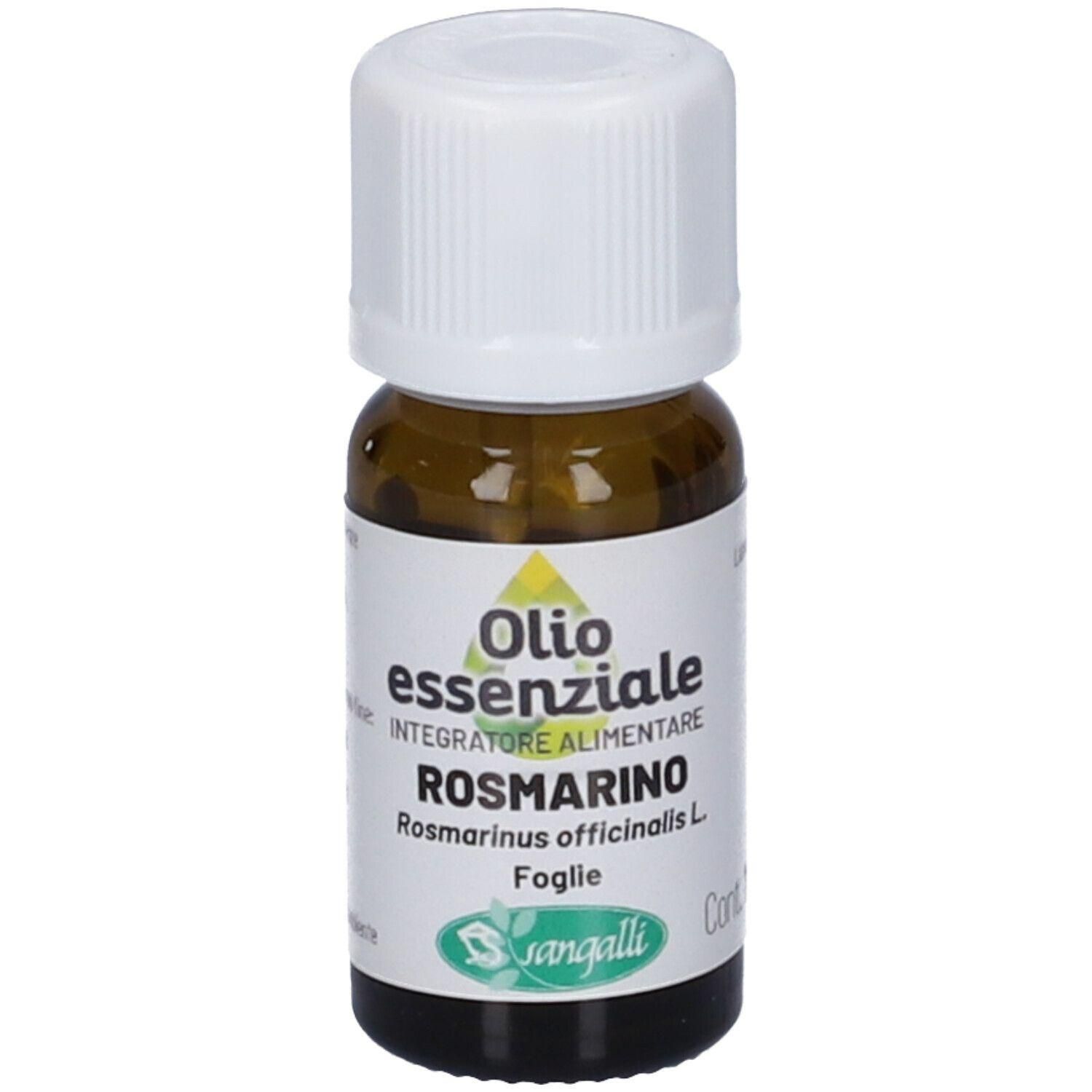 Flacone in vetro ambrato con tappo a vite bianco. Etichetta con "Olio essenziale ROSMARINO" e logo Sangalli.