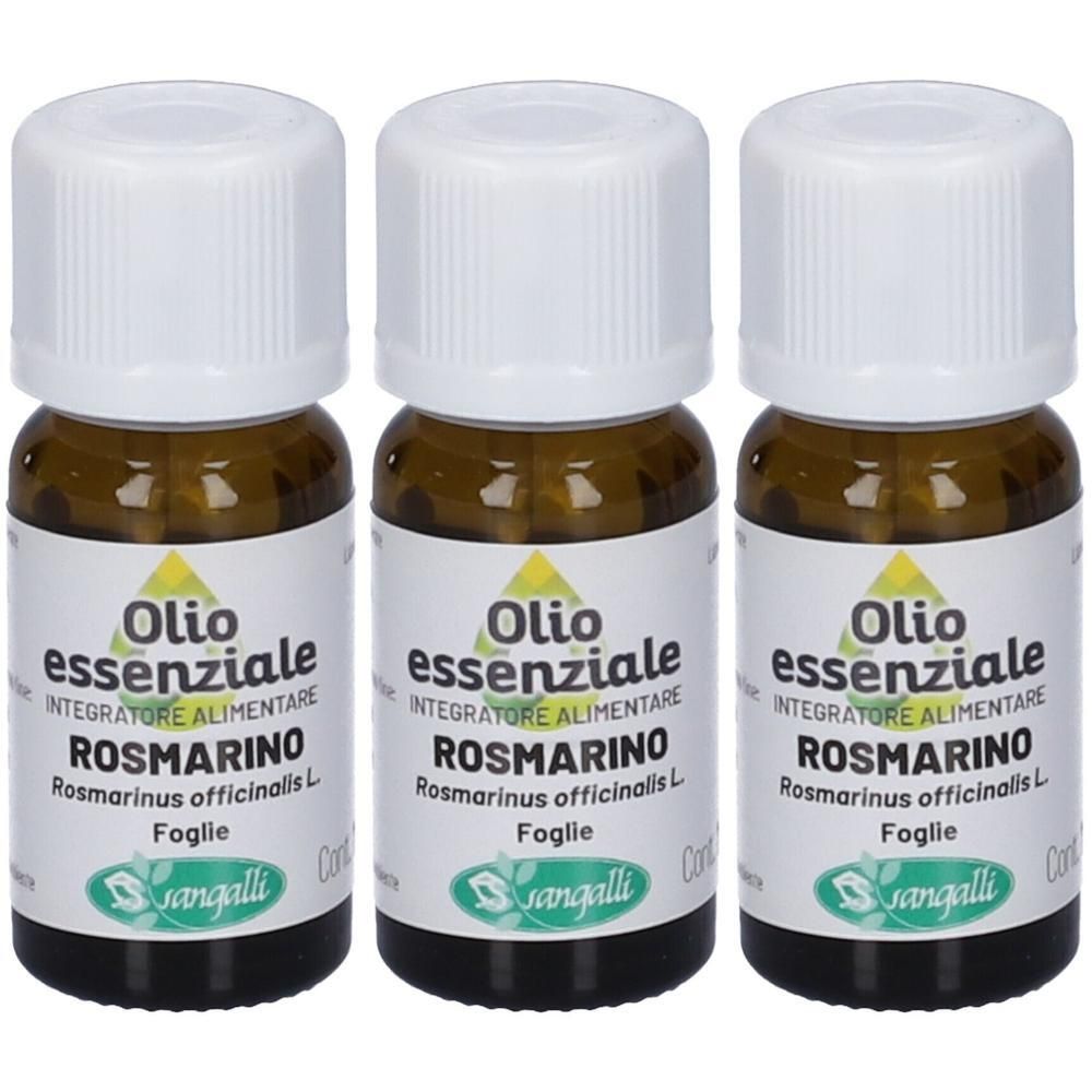 Tre flaconi di olio essenziale di rosmarino Sangalli, vetro marrone, tappo bianco.
