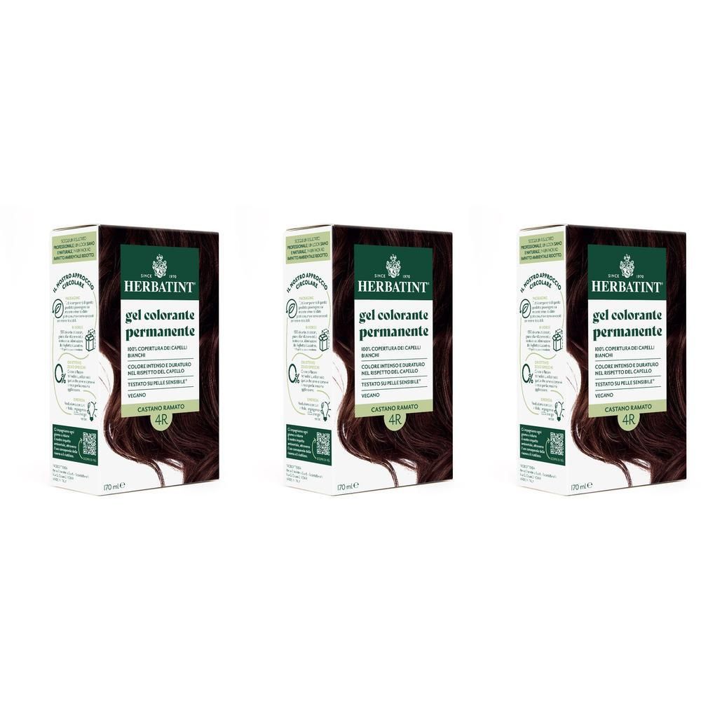 Tre confezioni di tinta permanente per capelli Herbatint, tonalità 4R Castano.