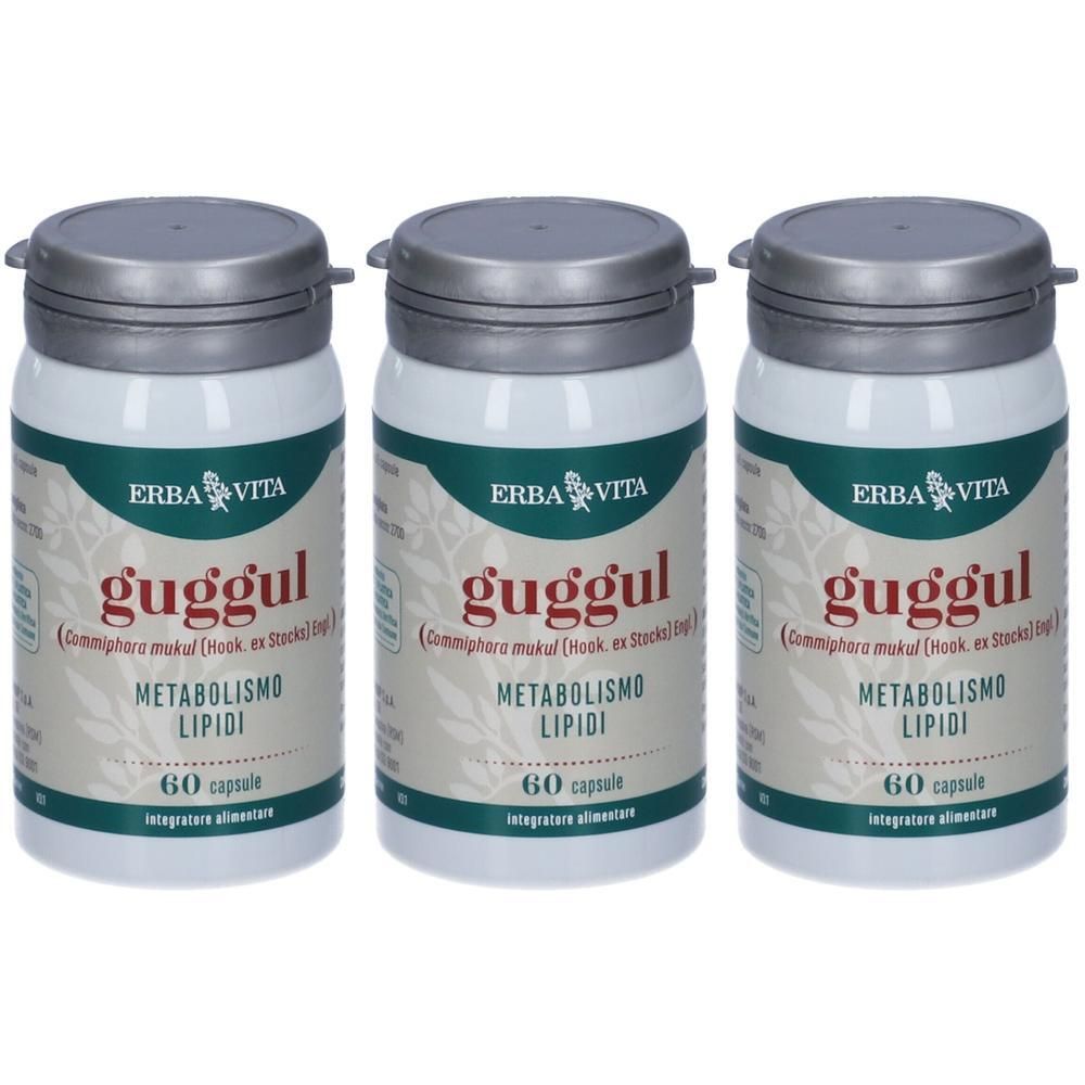 Tre flaconi di capsule Guggul Erba Vita per il metabolismo, ciascuno contiene 60 capsule.
