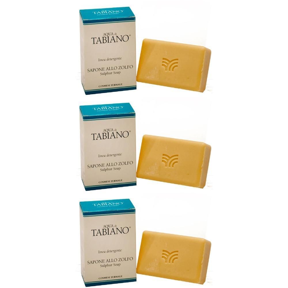 Tre confezioni di sapone allo zolfo Tabiano, ognuna con un sapone giallo.