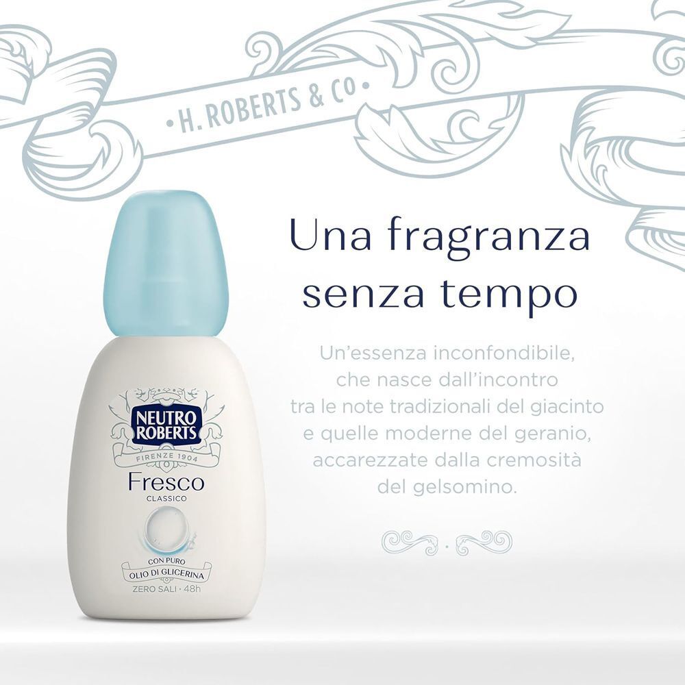 Flacone bianco con tappo azzurro, marca Neutro Roberts, prodotto Fresco Classico.
