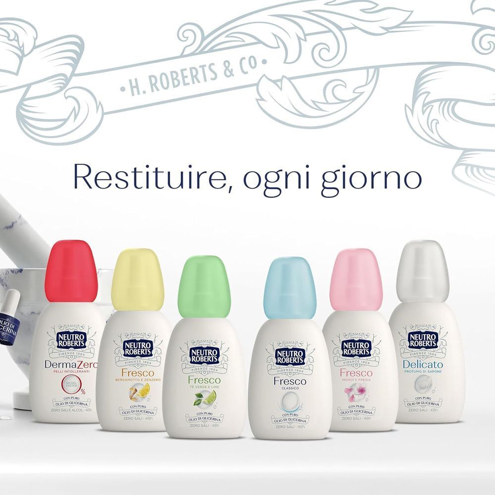 Sei flaconi con tappi colorati: rosso, giallo, verde, blu, rosa, bianco. Etichette "Neutro Roberts".