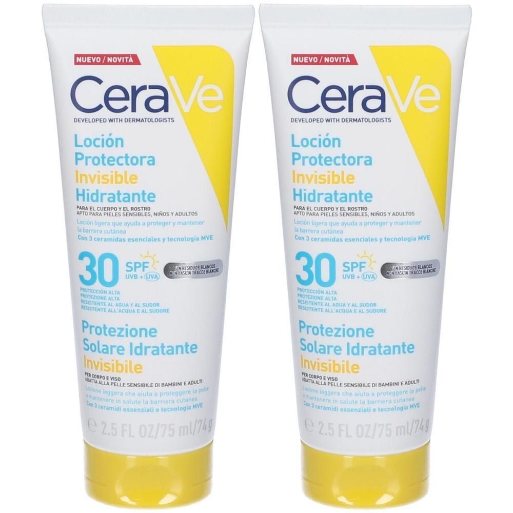 Due tubi di crema solare idratante invisibile CeraVe SPF30.