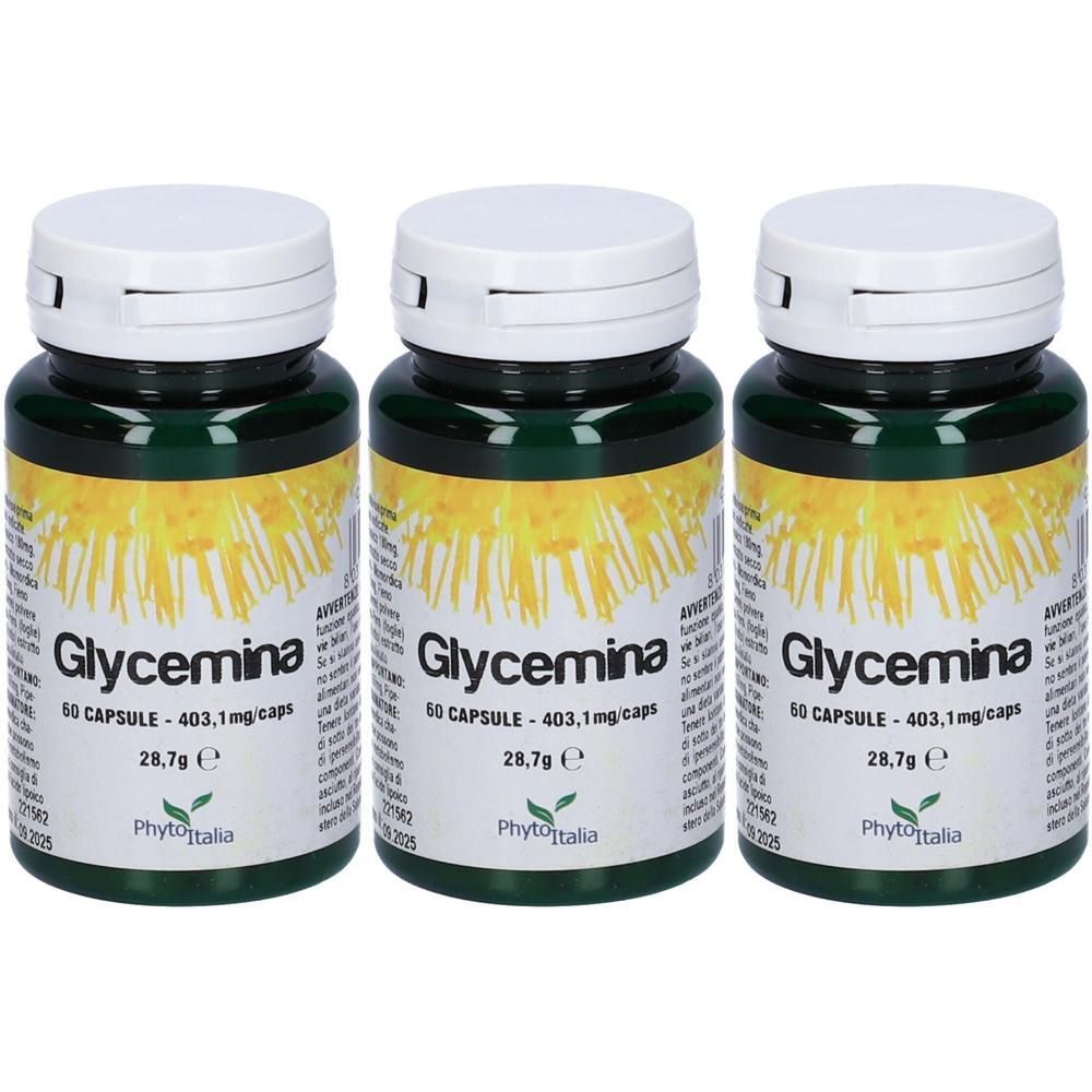 Tre contenitori per capsule verde scuro con tappo bianco, etichetta 'Glycemina', 60 capsule, 403,1 mg/capsula, 28,7 g.