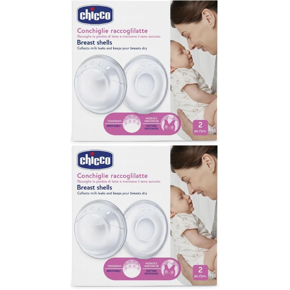 Due coppette raccoglilatte Chicco per raccogliere il latte. Trasparenti, con guarnizione morbida in silicone.