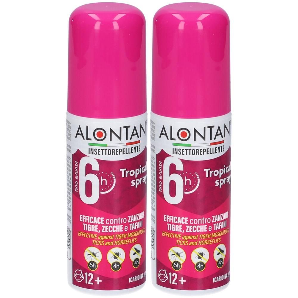 Due bombolette spray rosa Alontan Tropical Spray di insettorepellente.