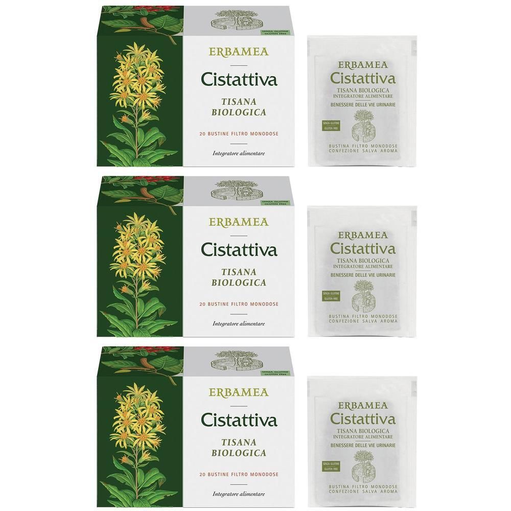 Tre confezioni di tisana biologica Erbamea Cistattiva, ciascuna con 20 filtri bustina monodose.