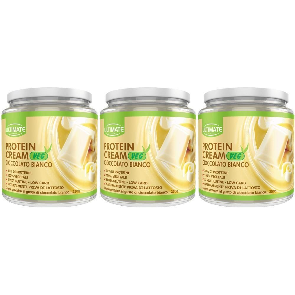 Tre barattoli di Ultimate Protein Cream Veg cioccolato bianco.