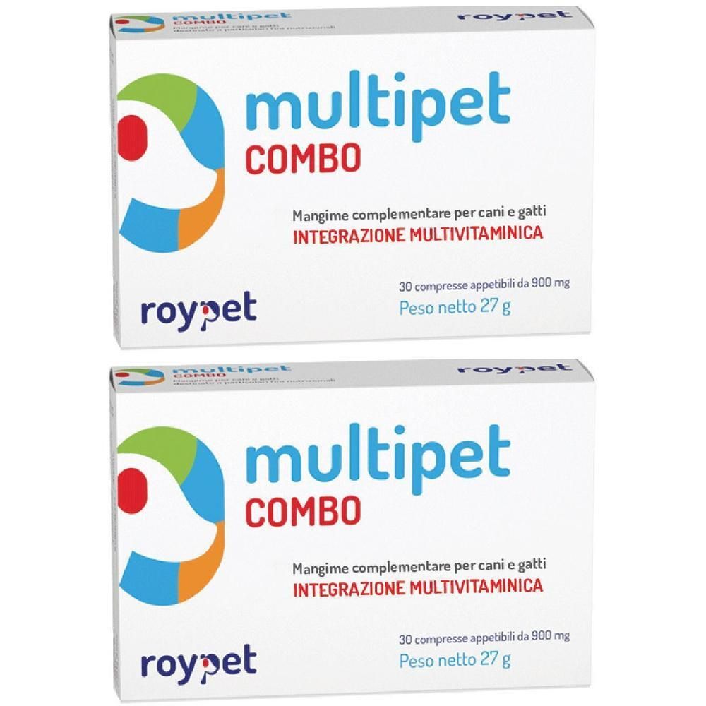 Due confezioni di Multipet Combo, mangime complementare multivitaminico per cani e gatti.