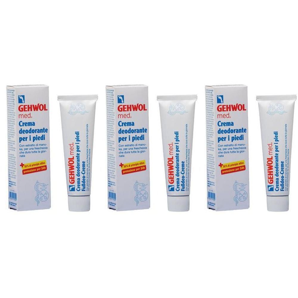 Gehwol Med Crema deodorante per piedi in tubi e scatole. Confezione bianca con scritte blu.