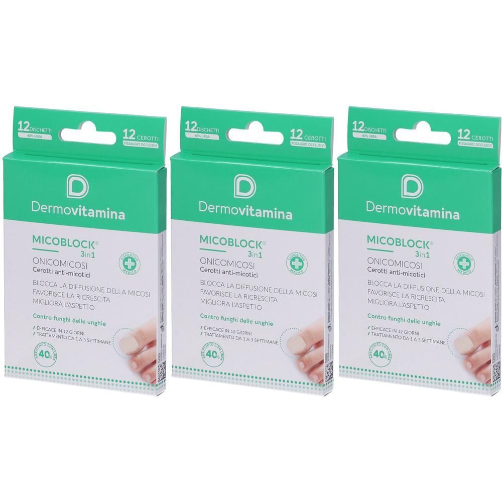 Tre confezioni di Dermovitamina Micoblock 3in1 Cerotti anti-micotici. Ogni confezione contiene 12 cerotti.
