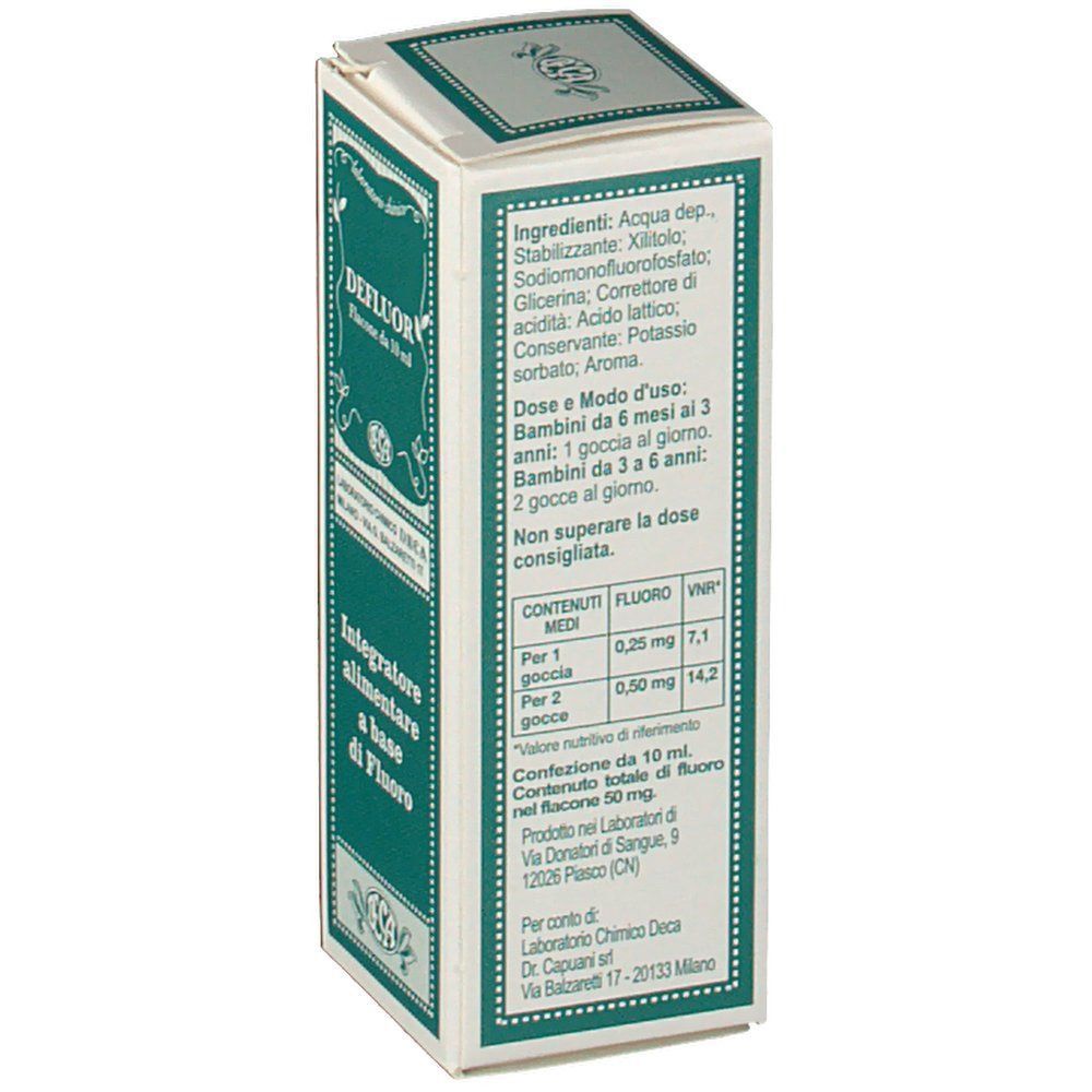 Retro di una scatola Deca Defluor Gocce con elenco ingredienti, dosaggio e informazioni nutrizionali.