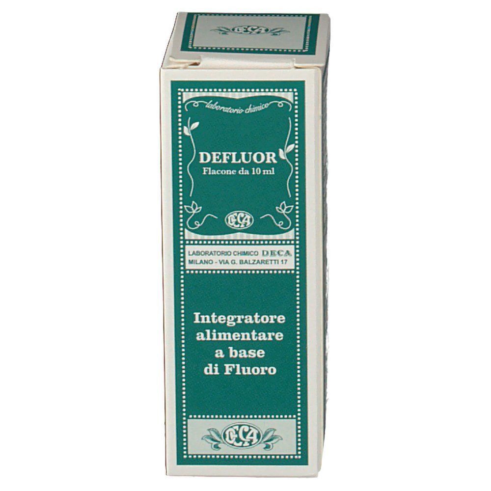 Fronte di una scatola Deca Defluor Gocce, 10 ml. Confezione verde e bianca con logo.