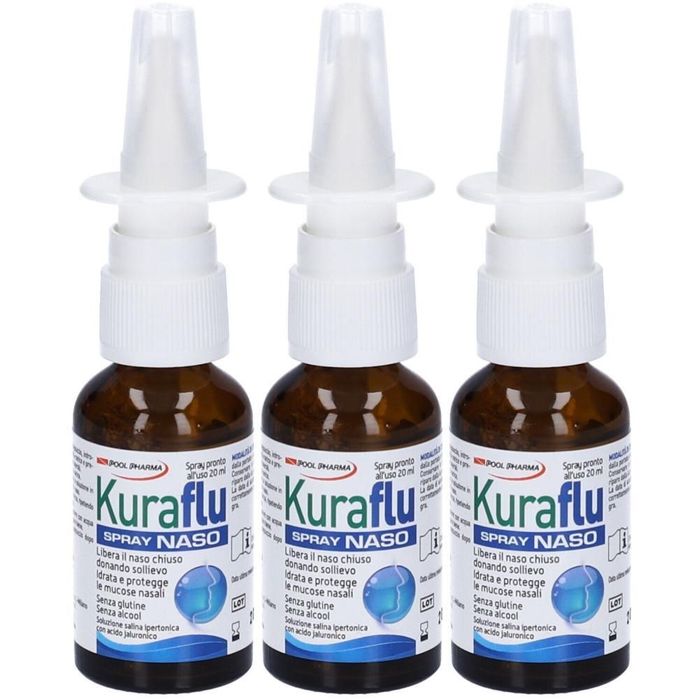 Tre flaconi spray nasale Kuraflu in vetro marrone con applicatore bianco.
