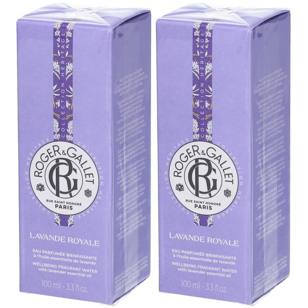 Due scatole ROGER&GALLET Lavande Royale, 100ml. Confezione viola con motivo floreale e nome del marchio.