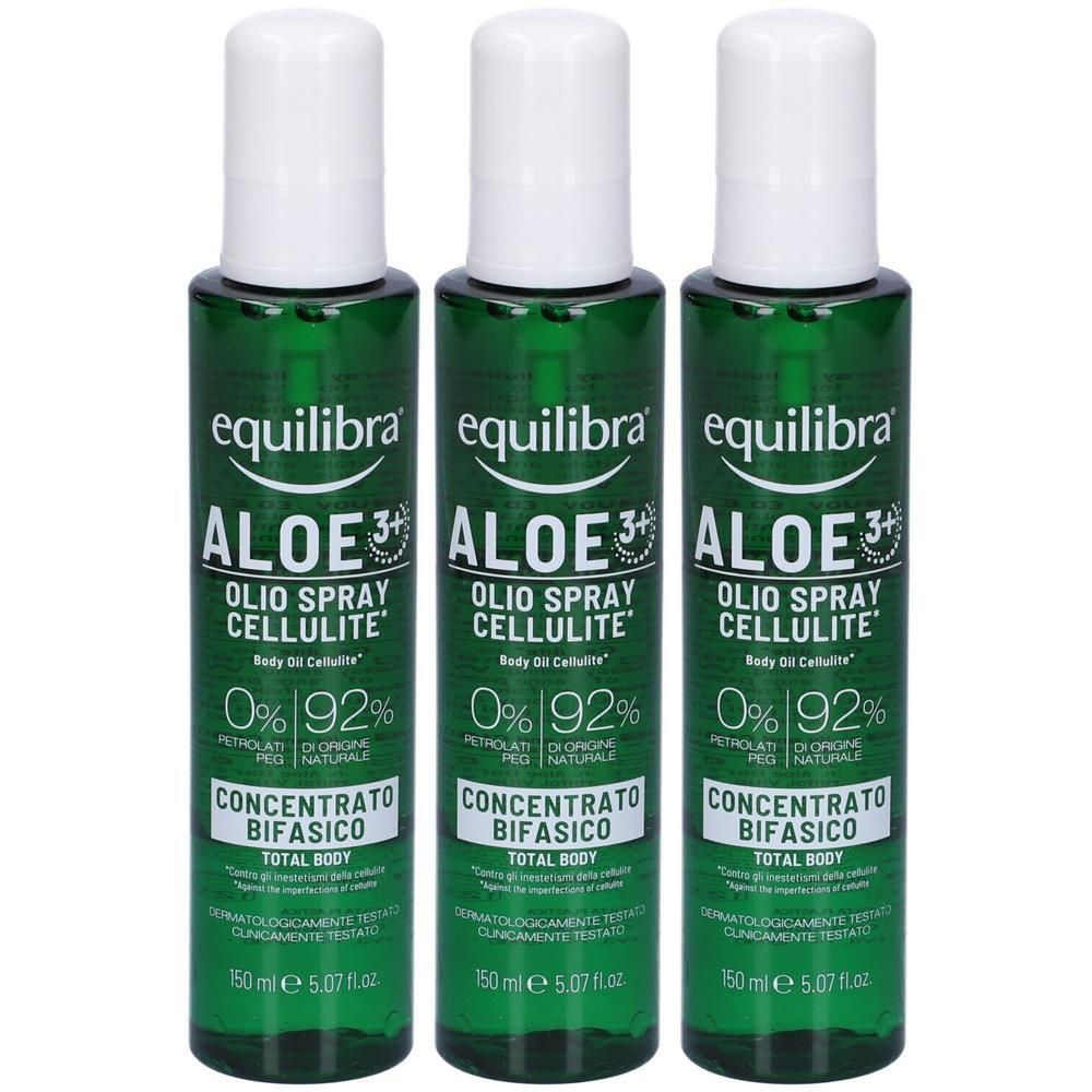 Tre flaconi Equilibra Aloe Olio Spray Cellulite, 150 ml.