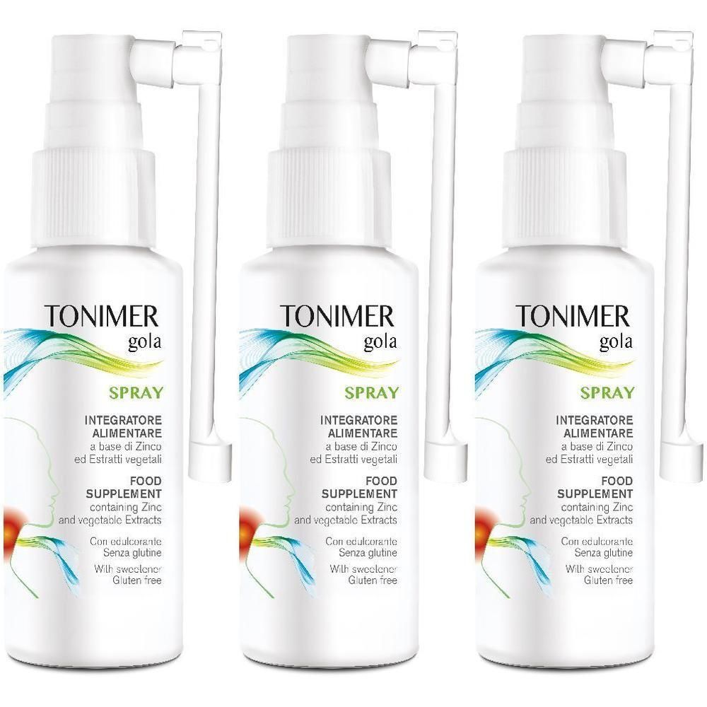 Tre flaconi spray bianchi di Tonimer Gola Spray, integratore alimentare con Zinco ed estratti vegetali.