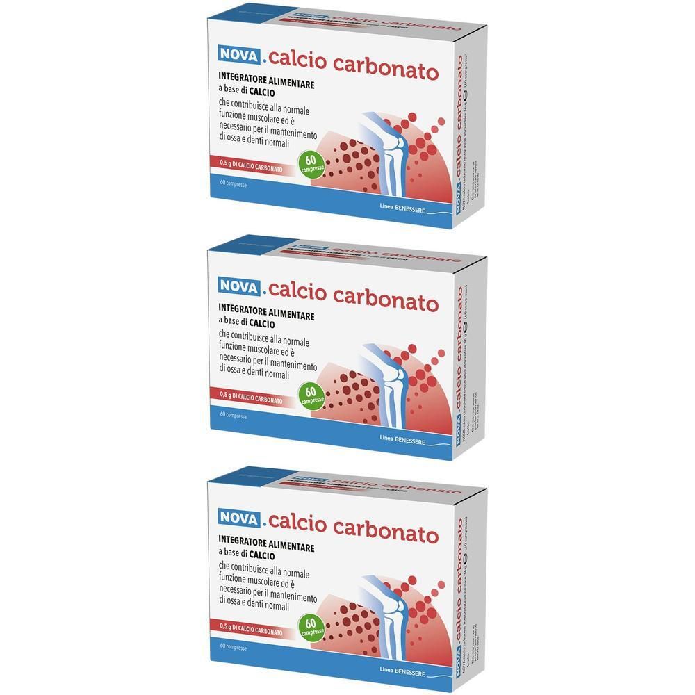 Tre confezioni di Nova Calcio Carbonato, integratore alimentare a base di calcio.