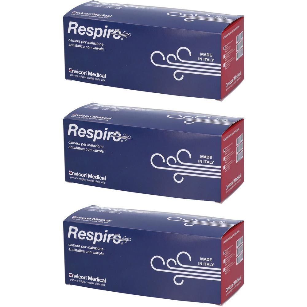 Tre confezioni del distanziatore per inalazione 'Respiro' di Envicon Medical, Made in Italy.