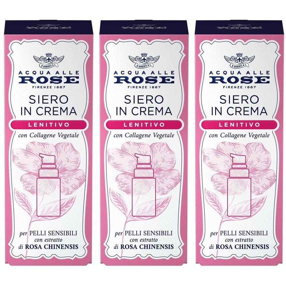 Tre confezioni di Acqua alle Rose Siero in Crema Lenitivo con illustrazione di rosa.
