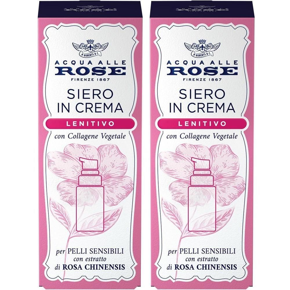 Due confezioni di Acqua alle Rose Siero Viso Idratante Purificante con illustrazione di rosa.