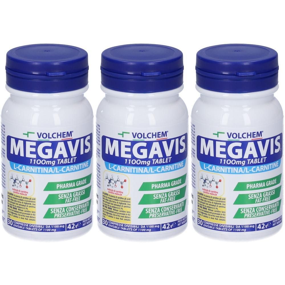 Tre flaconi di compresse Megavis L-Carnitina 1100mg. Contenitori bianchi con tappi blu.