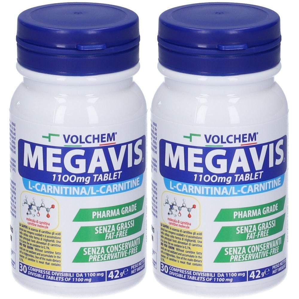 Due flaconi di VOLCHEM Megavis L-Carnitina Compresse, 1100mg. Grado farmaceutico, senza grassi, senza conservanti.
