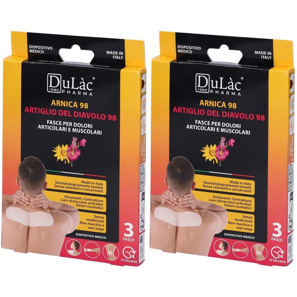 Due confezioni di cerotti Dulàc Arnica 98 per dolori articolari e muscolari. Ogni confezione contiene 3 cerotti.